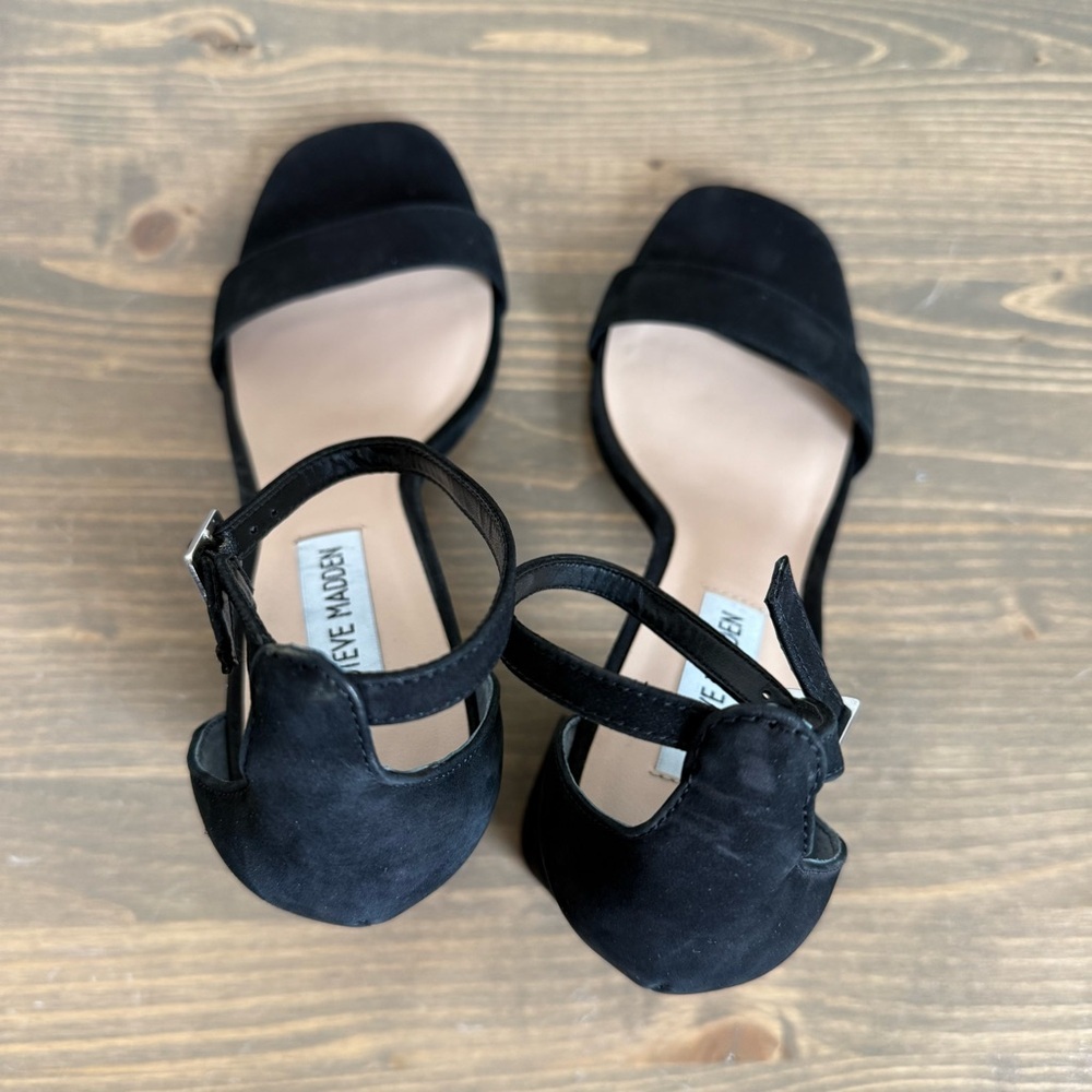 Steve Madden Womens 9 Black Dillion Ankle Strappy‎ Nubuck Block Heel Sandals - Picture 7 of 9